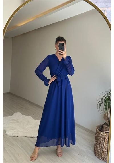 Neşeli Butik Kadın Uzun Kollu Kuşaklı Maxi Şifon Elbise Nm001 Saks
