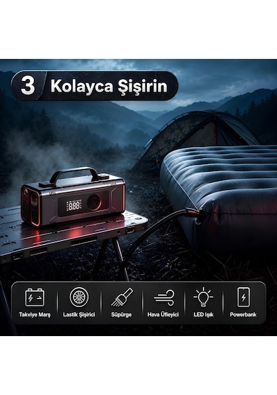 Prohummer Phm014 Jump Starter - Çok Fonksiyonlu 10u1 Arada Süpürgeli Kompresörlü Akü Takviye Cihazı 12000mah - Powerbank