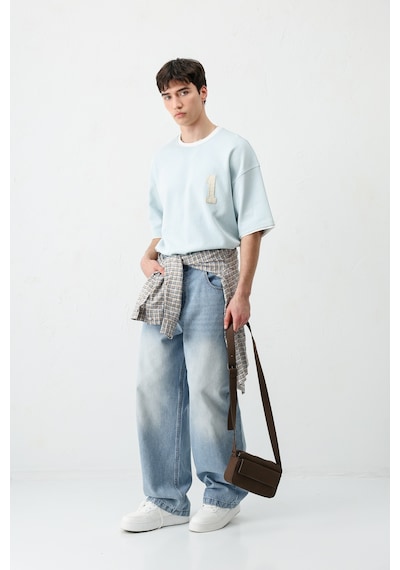 Vamos Oversize Baskılı Tişört V70-134 Bebe Mavi