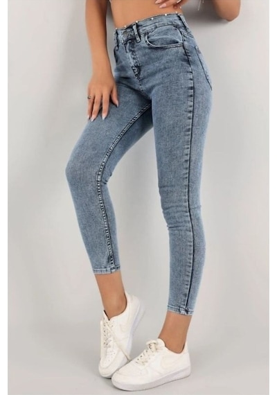 Pena Mavi Kar Yıkama Skinny Jean Kadın Power Likralı Pantolon Mavi