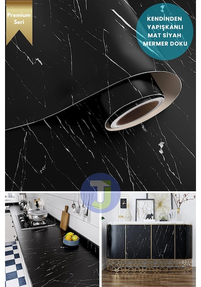 Technojet Kendinden Yapışkanlı Mat Mermer Desen Folyo Mutfak Banyo Tezgah Duvar Kaplama 60cmx500cm Siyah