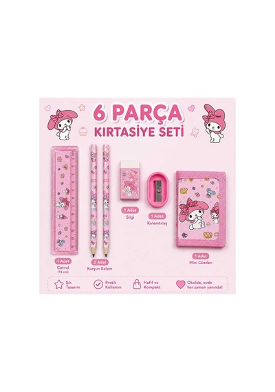 6 Parça Pembe Sevimli Karakter Kırtasiye Okul Seti