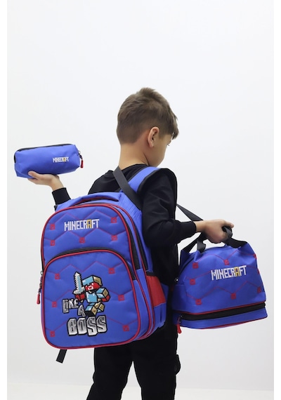 Maycraft Lisanslı Erkek Çocuk İlkokul Çanta Seti 3'lü Sırt Çantası Termal Beslenme Çantası Kalemlik Lacivert