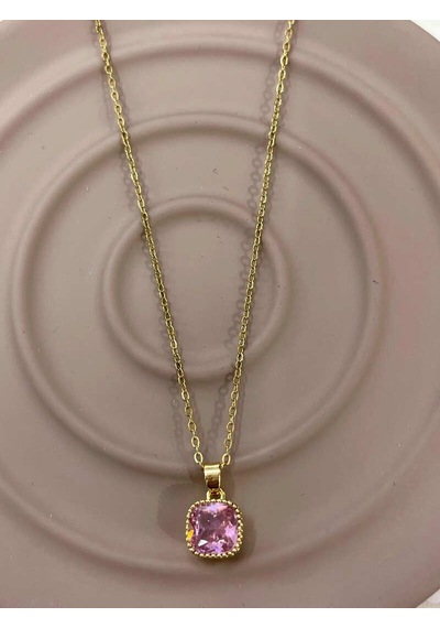 Gold Renk Zarif Kare Pembe Zirkon Taşlı Parlak Vintage Şıklık 316l Çelik Kolye Gold
