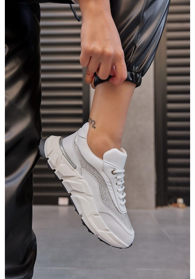Hilary Beyaz Hakiki Deri Taşlı Kadın Sneaker-Beyaz
