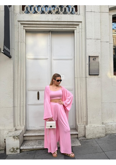 Bonacosa Kadın Viskon 3 Lü Takım Kimono + Beli Lastikli Salaş Pantolon + Crop 8 Renk Pembe Bonacosa Kadın Viskon 3 Lü Takım Kimono + Beli Lastikli Salaş Pantolon + Crop 8 Renk Pembe