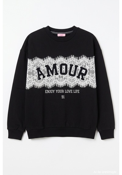 Quzu Dantel Detaylı Sweatshirt Siyah