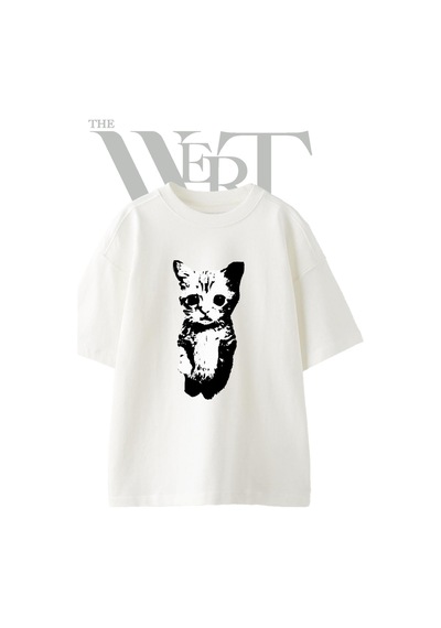 Thewert Kedi Siluet Tasarım Baskılı Ünisex Beyaz Oversize T-shirt