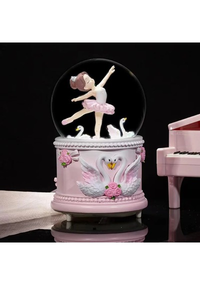 Balerin Figürlü Işıklı Müzikli Püskürtmeli Büyük Boy Kar Küresi Kuğu Ve Çiçek Detaylı Dekoratif Müzik Kutusu