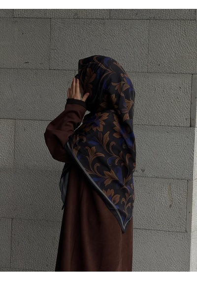 Qalortex Scarf Pamuklu Yaprak Desen Eşarp - Siyah - Morcivert Morcinevt