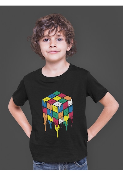 Bumeta Rubik Zeka Küpü Renkli Kombinasyon Akışkan Baskılı Çocuk Tişört T-shirt Siyah