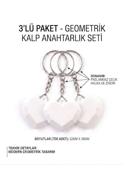 3'lü Geometrik Kalp 3d Anahtarlık & Çanta Süsü Beyaz