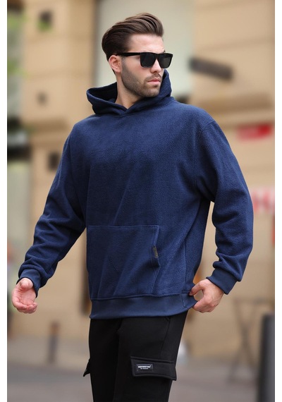 Madmext Lacivert Kapüşonlu Cep Detaylı Polar Erkek Sweatshirt 7093 Lacivert