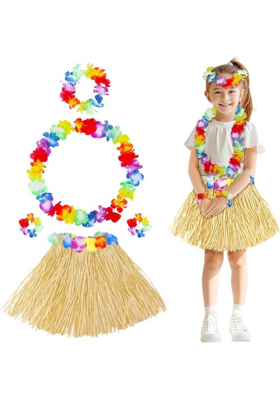 Yetişkin Çocuk Hawaii Parti Seti - 40 Cm Naturel Etek + Çiçek Aksesuarlar 5 Parça 5691 "