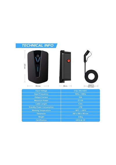 Akıllı Elektrikli Araç Şarj İstasyonu 22 Kw - Lcd Ekranlı, Tip 2, 5m Kablolu
