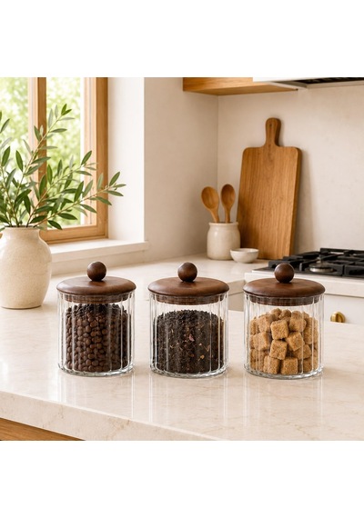 3'lü Set 750 Ml Akasya Kapaklı Çizgili Cam Kavanoz Seti Kahve Çay Şeker Kuruyemiş Saklama Kabı Çok Renkli