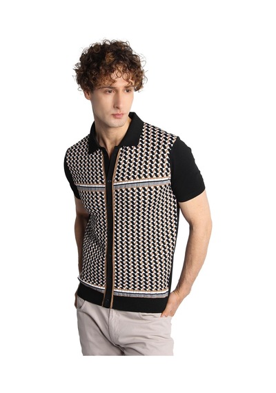 İgs Siyah Slim Fit Dar Kalıp Düğmeli Polo Yaka Desenli Kısa Kollu Triko Tişört-16311