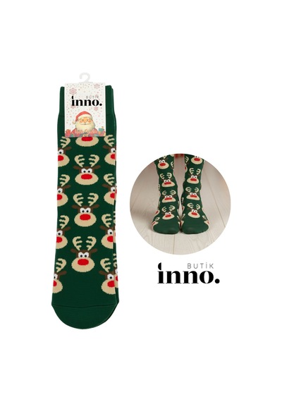 Inno Yılbaşı Desenli Noel Babalı Hediyelik Kraft Kutulu Çorap Tekli Haki