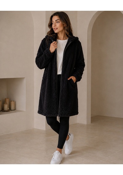 Unika Boutique Kadın Welsoft Fermuarlı Kapüşonlu Uzun Polar Hırka Siyah