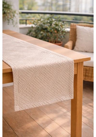 Pamuklı Runner Bohem Tarz Düz Krem Dokulu Kabartmalı Runner 40x110 Ebat krem
