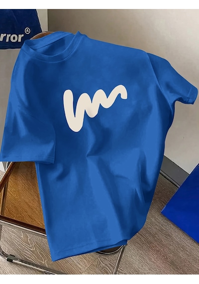 Unisex W Baskılı Tasarım Tshirt Mavi