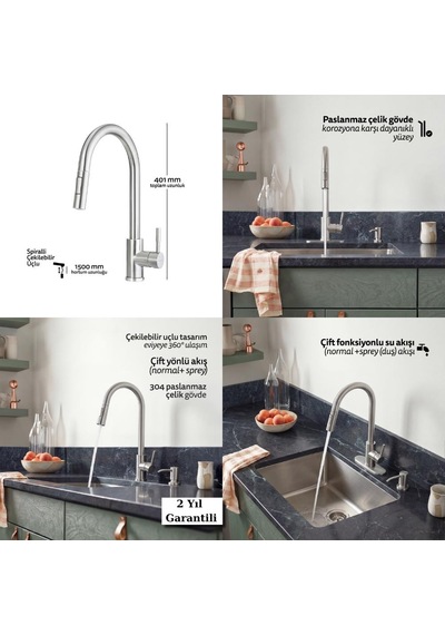 Deante Lıma F72m Mutfak Bataryası, Esnek Uçlu, Çift Akışlı, Inox Renk