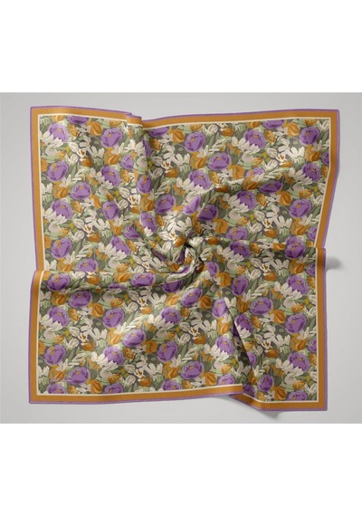Silk Home Organik Pamuk İpek Eşarp Koyu Vizon Mor Çiçek Desenli Tok Duruşlu 90x90 Çok Renkli