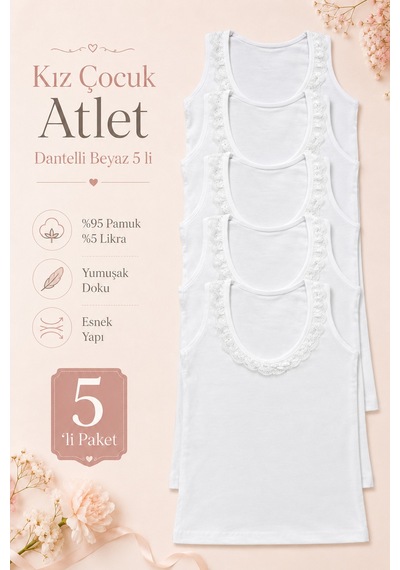 Nicoletta Kız Çocuk Atlet Geniş Askılı 5 Li Paket Likralı Dantelli Beyaz
