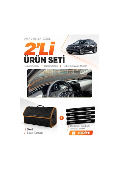 E-biz Hyundai Tucson 2021-2024 Uyumlu Torpido Örtüsü + Deri Çanta - Siyah-kahverengi - Hu037