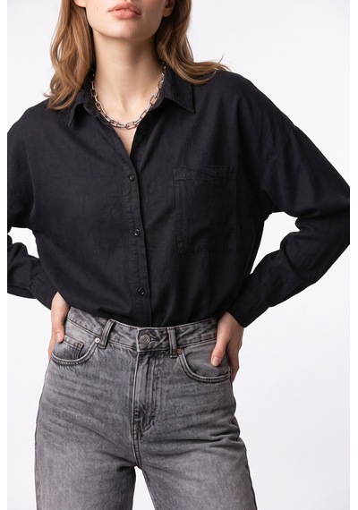 Mixray 4963 Kadın Tencel Kumaş Oversize Cepli Uzun Kollu Gömlek Siyah