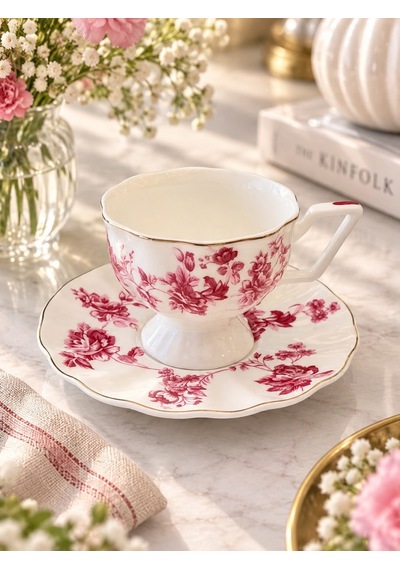 2 Kişilik Vintage Pink Kahve Fincanı Seti-7616 Çok Renkli