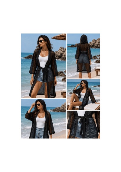 Qmen Style Kadın Plaj Bornozu Siyah File Kumaş. Siyah