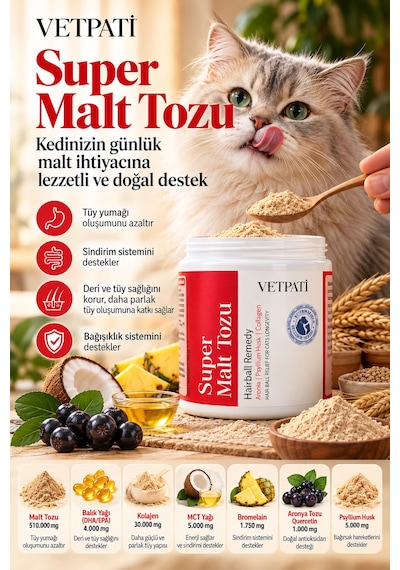 Vetpati Super Malt Tozu Kedi Maltı Psyllium Kollajen Omega 3 Taurin Tüy Yumağı Ve Sindirim Desteği
