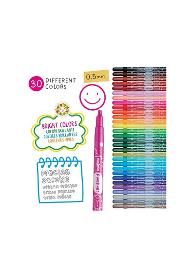Carioca Fineliner 30 İnce Uçlu Kutu, Farklı Renklerde Hassas Uç 0,5 Mm İtalya'da Üretilmiştir