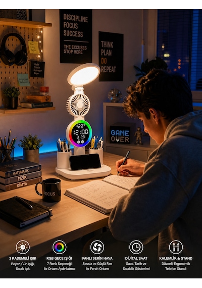 Monozone Rgb Yuvarlak Başlı Masa Lambası Fanlı Saatli 3renk Dokunmatik Şarjlı Kalemlik Telefon Standı Beyaz