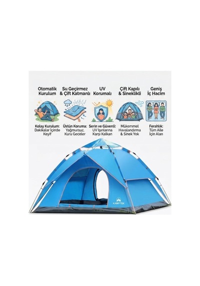 Kamptek 4 Kişilik Otomatik Kurulum Kamp Doğa Deprem Çadırı - 200x200x140 Cm - Mavi Premium Mavi