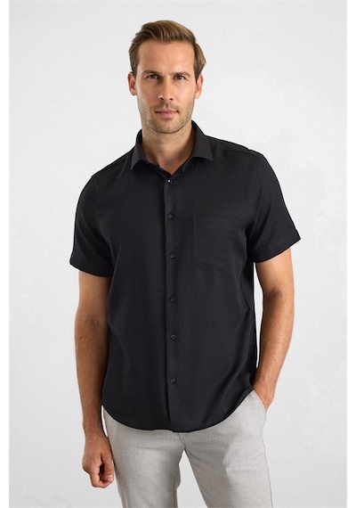 Süvari Siyah Regular Klasik Yaka Düz Twill Torba Cep Düz Kısa Kollu Klasik Gömlek Sgm1007500001-s09