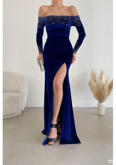 Lior Design Kadın Trend Model Esnek Kadife Kumaş Yırtmaçlı Uzun Kollu Abiye Elbise Saks