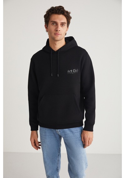 Grımelange ANDREAS Erkek Kapüşonlu İçi Polarlı Baskı Detaylı Siyah Sweatshirt