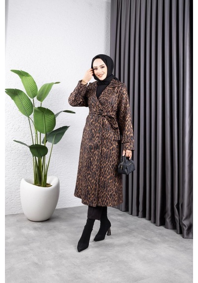 Harman Butik Kadın Astarlı Leopar Desenli Kaşe Kaban Kahverengi Kahverengi