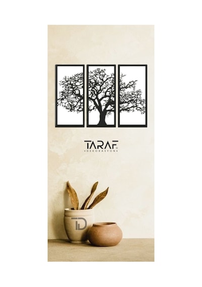 3 Parça Ağaç Tablo Lazer Kesim Dekoratif Tablo 42x62 Siyah Beyaz