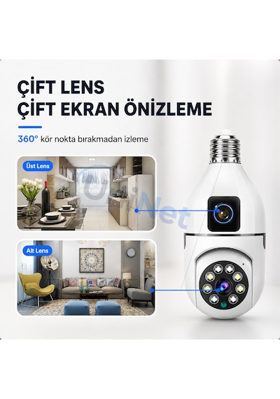 Uninet Çift Kameralı Ampule Takılabilen Tip Wifi Güvenlik Kamerası Full Hd, 355 Derece Dönebilen, Gece Görüşlü Ptz Kamera
