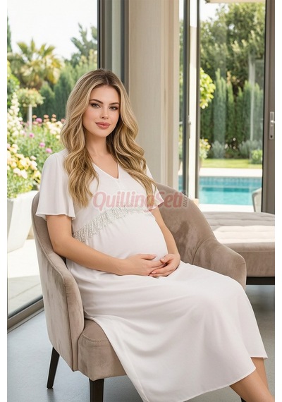 Lady Ekru Renk Dantel Detaylı 33500 Sabahlıklı 2li Hamile Gecelik Takım Set