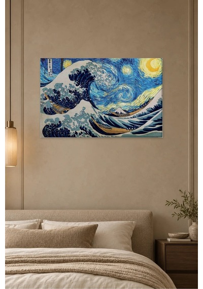 Fida Yıldızlı Gece İle Büyük Dalga Buluşması Canvas Tablo Çok Renkli