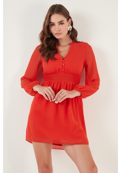 Lela V Yaka Regular Fit Gipeli Düğme Detaylı Şifon Mini Bayan Elbise 611El01433 Orange