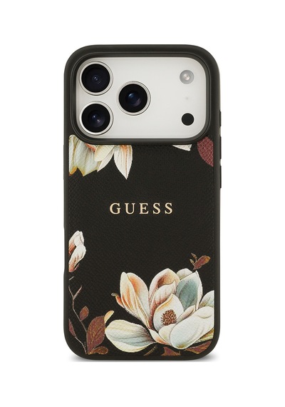 Apple Uyumlu iPhone 17 Pro Kılıf Guess Lisanslı M-safeli Taneli Çiçek Tasarımlı Metal Yazı Logolu Siyah Siyah