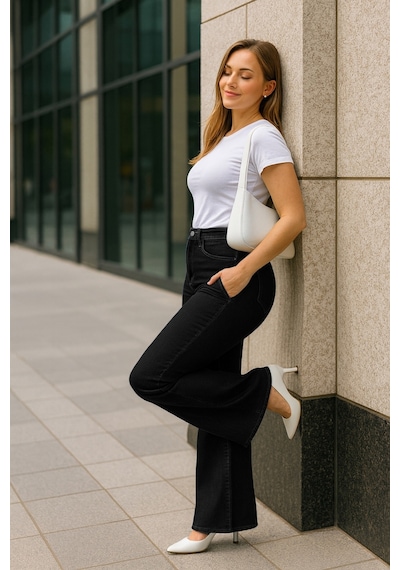 Cedy Denim Cedy Denım - Kadın Büyük Beden İspanyol Paça Yüksek Bel Skinny Fit Likralı Pantolon C628 Siyah