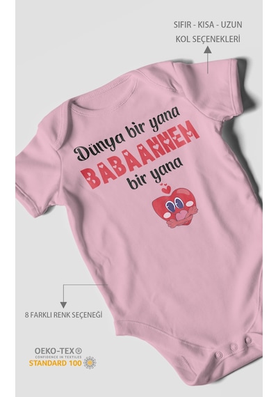 Dünya Bir Yana Babannem Bir Yana Baskılı Bebek Zıbını Çıtçıtlı Body %100 Pamuk Kısa Kol Koyu Pembe