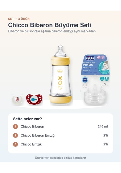 Chicco Biberon Büyüme Seti 3 Parça: Biberon + Biberon Emziği + Emzik