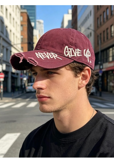 Valkyrie Unisex Bordo Never Give Up Nakışlı Baseball Şapka Ayarlanabilir Vintage Streetwear Spor Kep